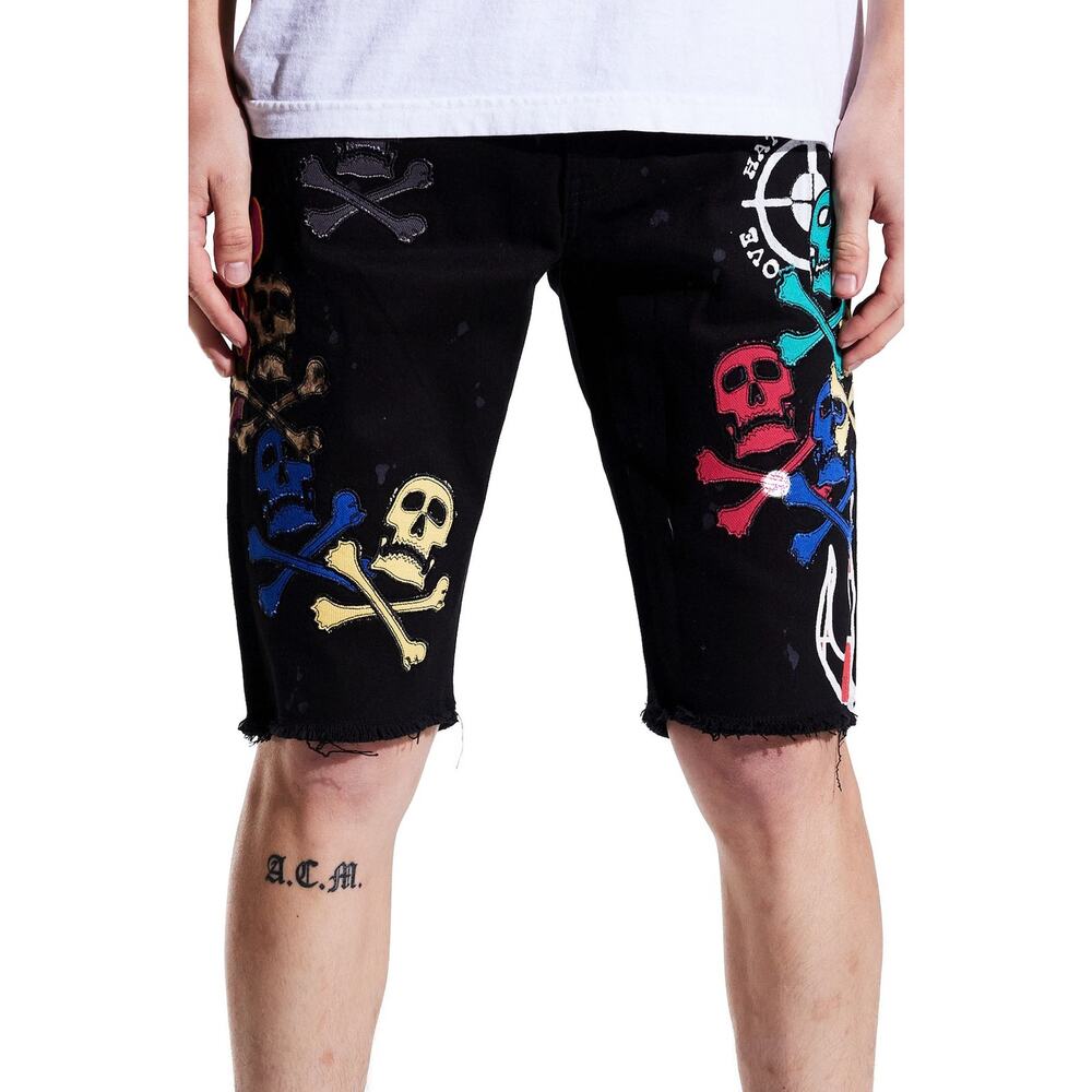 Crysp Denim Men's Ethmoid Embroidered Skulls Paint Skinny Fit Denim Jean Shorts